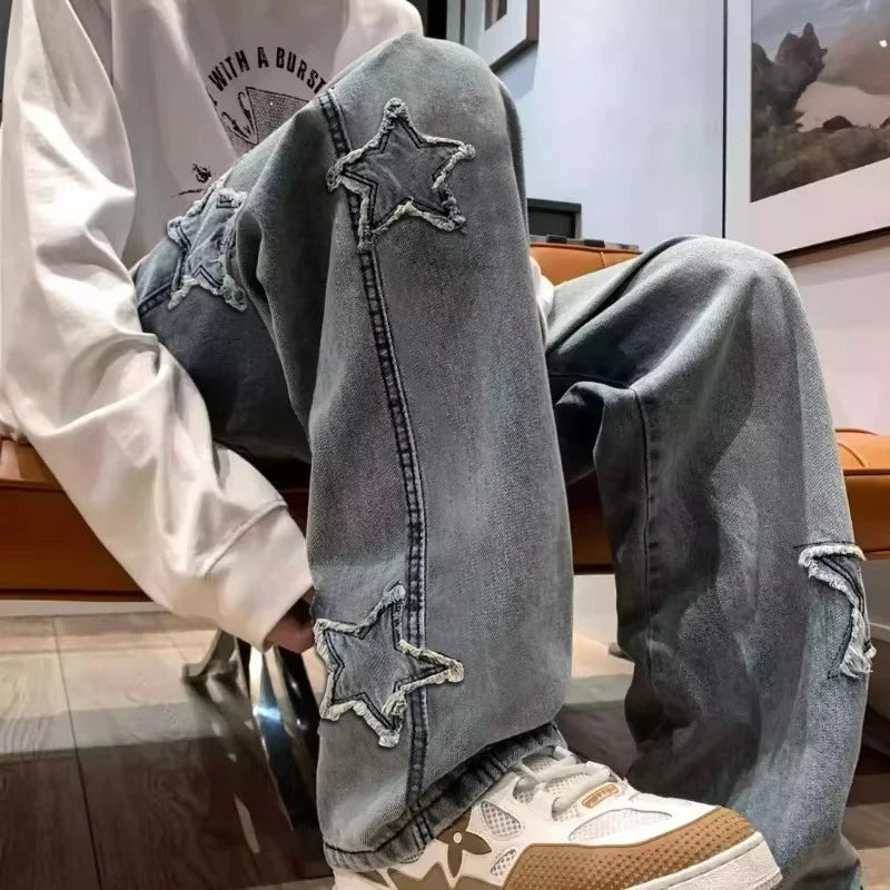 Star Embroidery Straight Casual Men Jeans Gothic Neutral New Wide Leg Loose Hip-Hop Fashion Youth Streetwear Denim Trousers Y2K